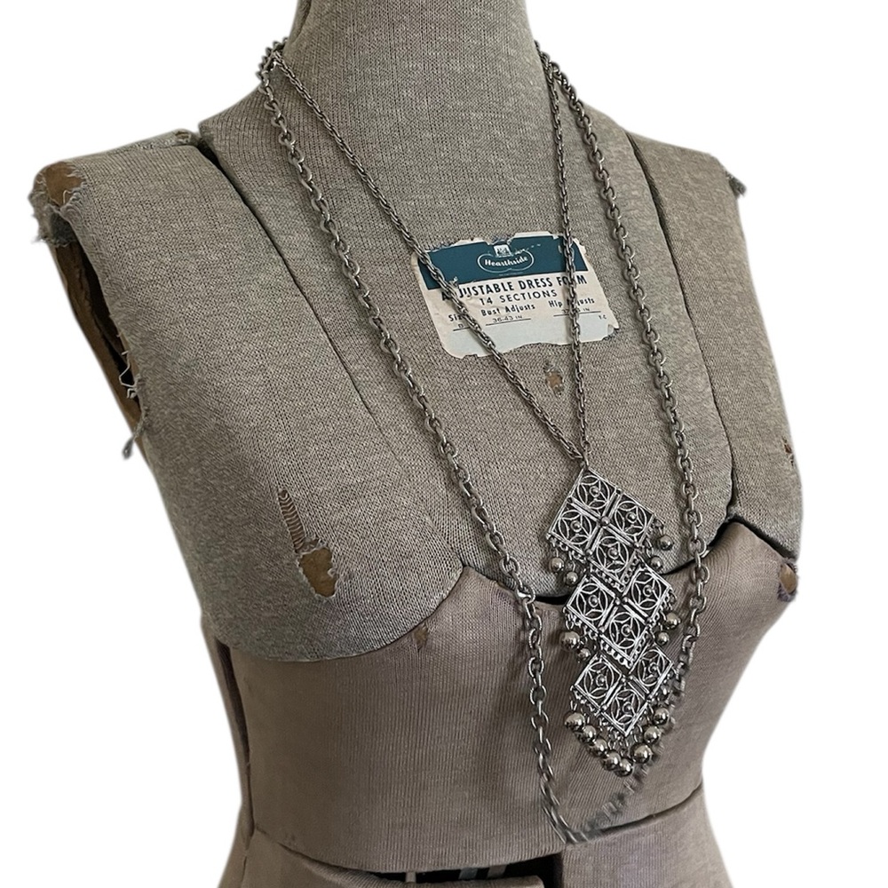 Vintage 70s Large Silver Necklace Geometric Pendant